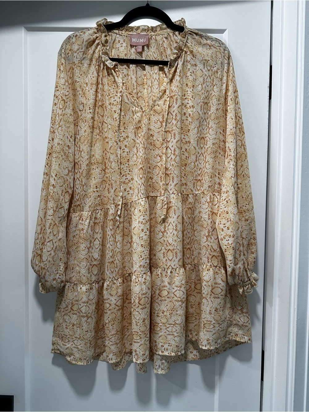 Show Me Your MuMu Cream & Tan Snake-Print Tiered long sleeve dress - XS